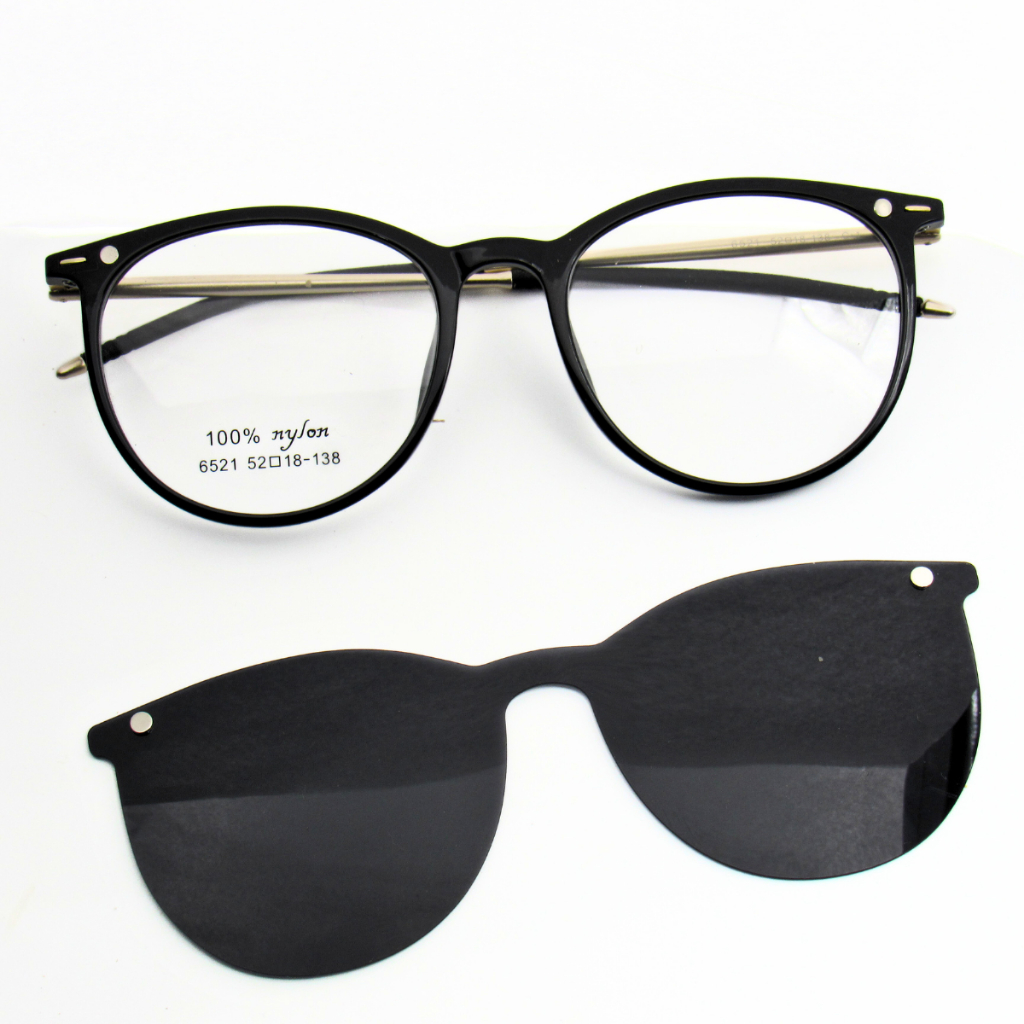 Óculos de Grau Clip-On Magnético 6521 2 em 1 Armação Preta + Lente Solar Polarizada UV400