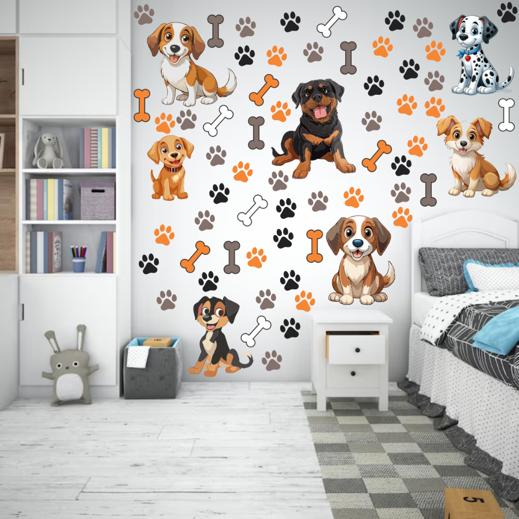 Adesivo De Parede Cachorro Patinhas Ossinhos Decorativo Crianças Pet Shop Rottweiler Dalmata