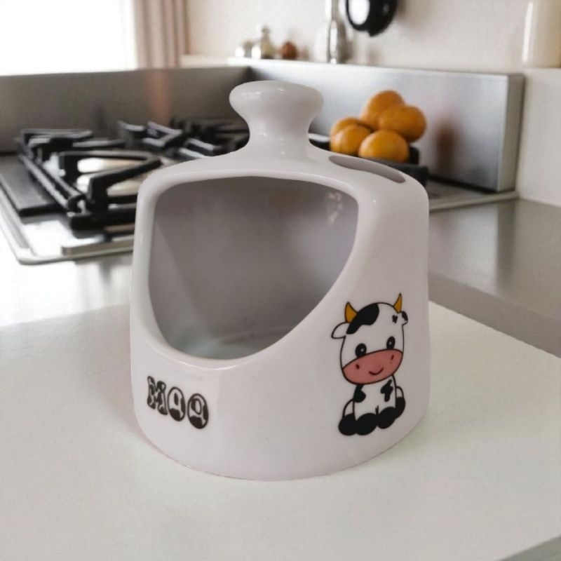 Porta Alho de Porcelana Vaquinha  Decorativo e Funcional – Cozinha Fofa