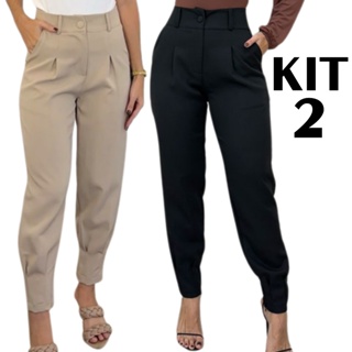 Kit2 Calça Feminina Alfaiataria Moda Cenoura Cintura Alta Preta e Bege P ao GG em  Alta em Oferta na Shopee