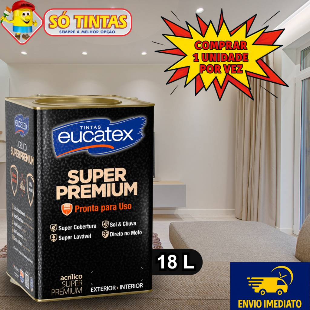 Tinta Acrílica Eucatex Super Premium 18L, Antimofo, Super Lavável, Sem Cheiro, Branco Fosco em Oferta na Shopee