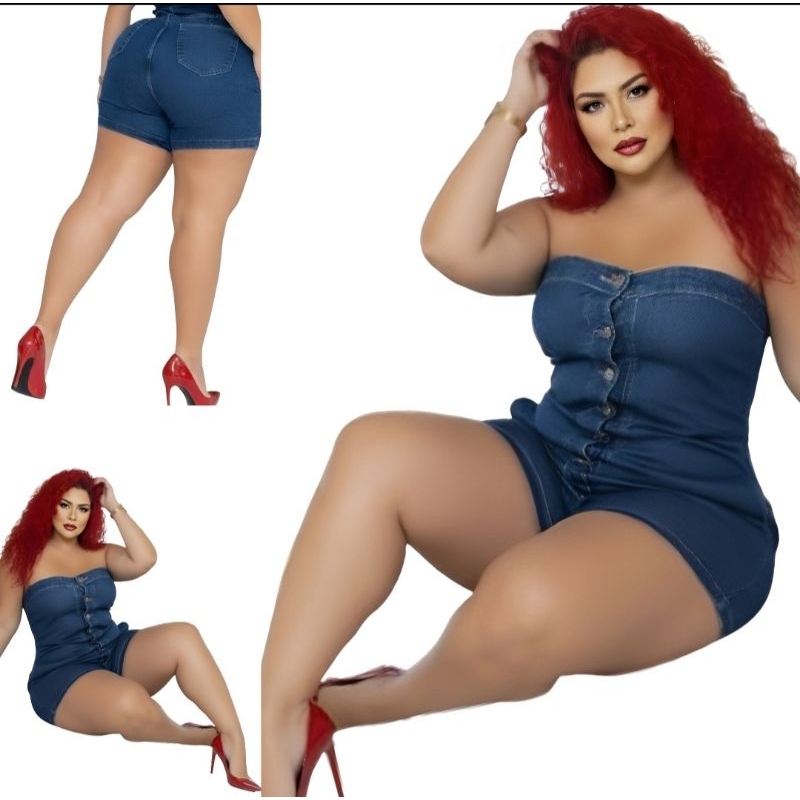 Macacão Jeans Feminino Tomara que Caia Plus Size Short Cintura Alta com lycra 46/48/50/52/54/56