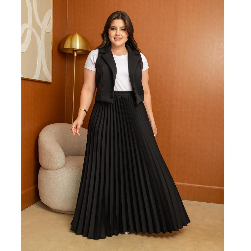 CONJUNTO DE ALFAIATARIA COM COLETE E SAIA PLISSADA em Oferta na Shopee