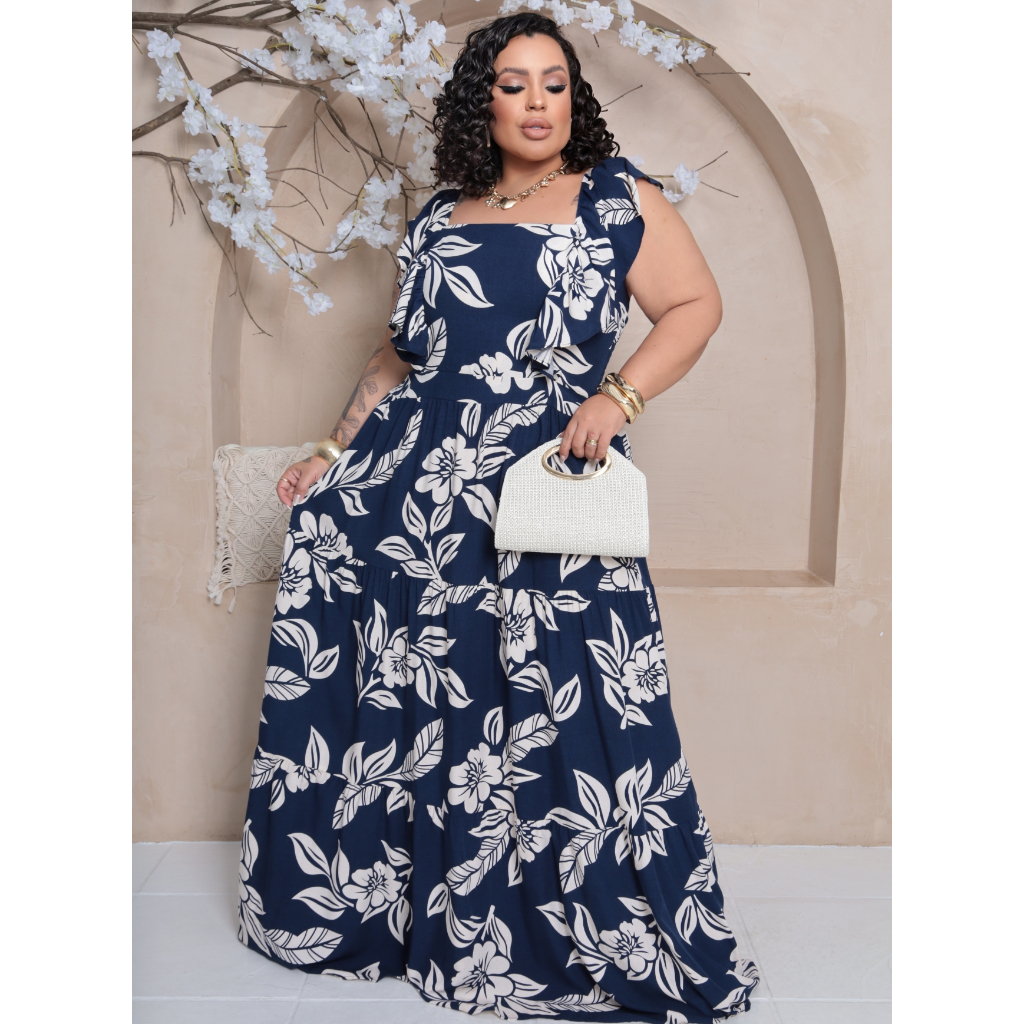 VESTIDO PLUS SIZE LONGO COM DECOTE QUADRADO MODA EVANGELICA em Oferta na Shopee