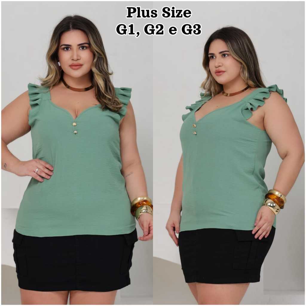 Blusa Regata Feminina Plus Size  Babados nas Alças Decote V e Botões Elegantes