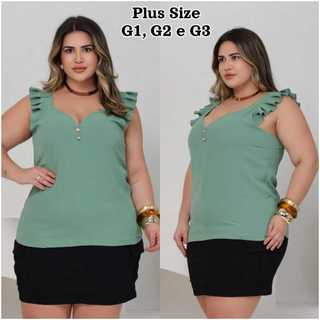 Blusa Regata Feminina Plus Size  Babados nas Alças Decote V e Botões Elegantes