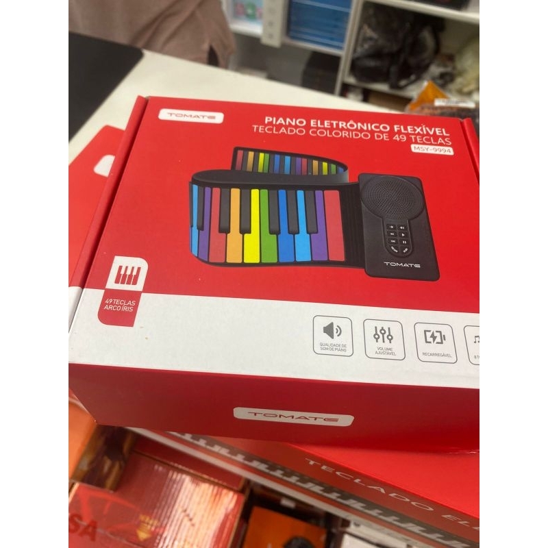 Piano Eletrônico Flexível 49 Teclas Coloridas Recarrregável Portátil Infantil e Adulto Tomate