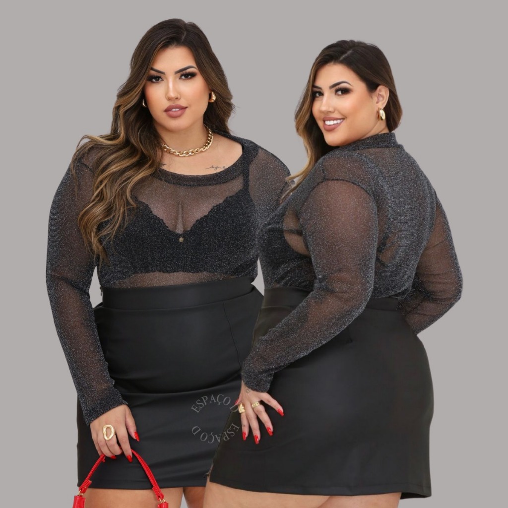BODY TULE ESTAMPADO FEMININO MANGA LONGA + SAIA CORINO BRANCA PLUS SIZE- ANA