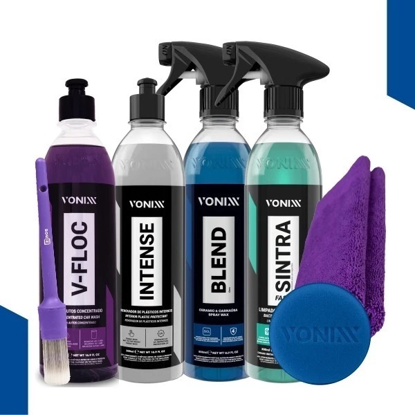Kit Automotivo Carro Vonixx – Shampoo V-Floc Cera Blend, Sintra Fast e Intense Renovador de Plástico