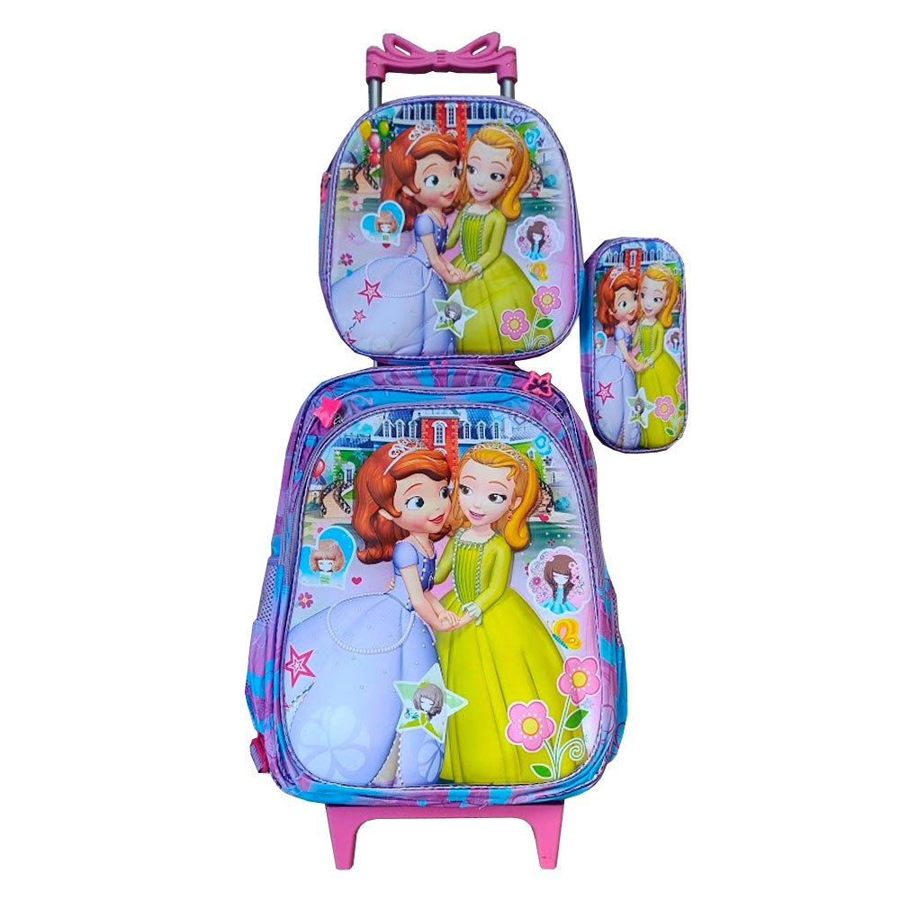 Kit Mochila Princesinha Sofia em 3D com Rodinhas + Lancheira Térmica + Estojo Escolar Infantil