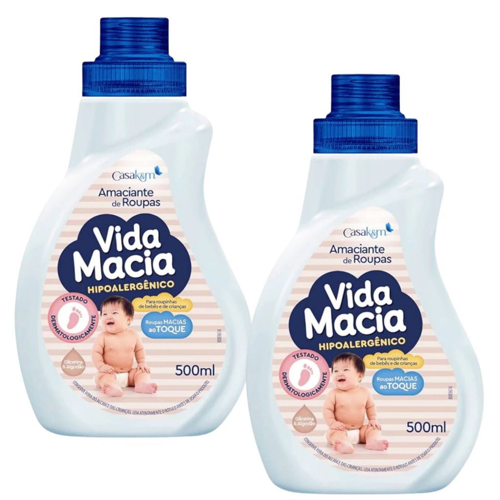 Kit 2 Unidades Amaciante Vida Macia Hipoalergênico Glicerina & Algodão 500ml Roupinha Bebê Crianças