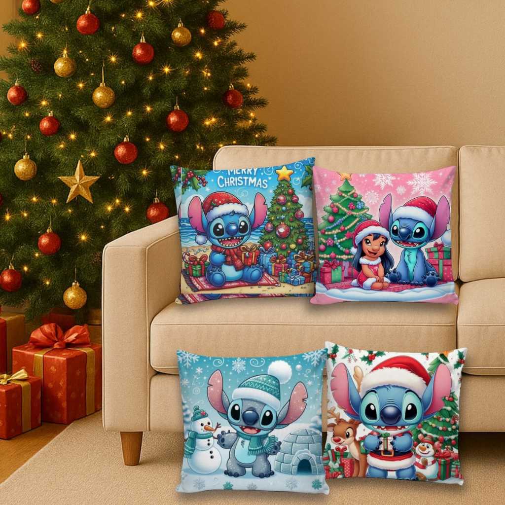 Kit 4 Capas de Almofadas Decorativas 45x45cm Feliz Natal Sala Quarto e Decoração Stitch de Natal