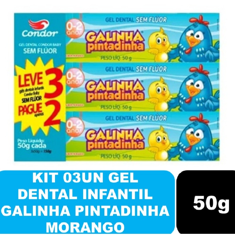 Kit 03un Gel Dental de Morango Baby (0-2 ANOS) Galinha Pintadinha SEM FLÚOR Condor 50g