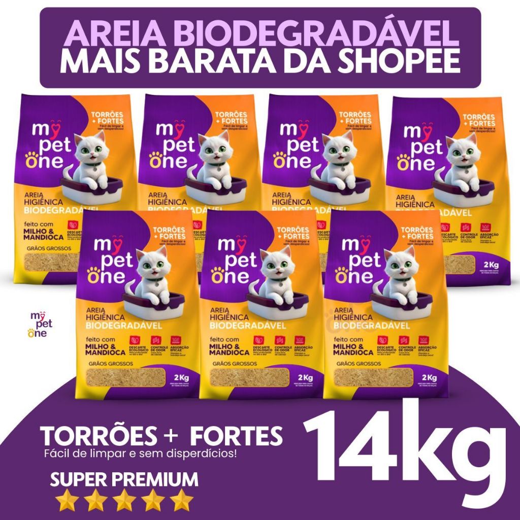 Kit 7 Areia Biodegradável Gatos Bio Gold Grossa MyPetOne 14kg em Oferta na Shopee