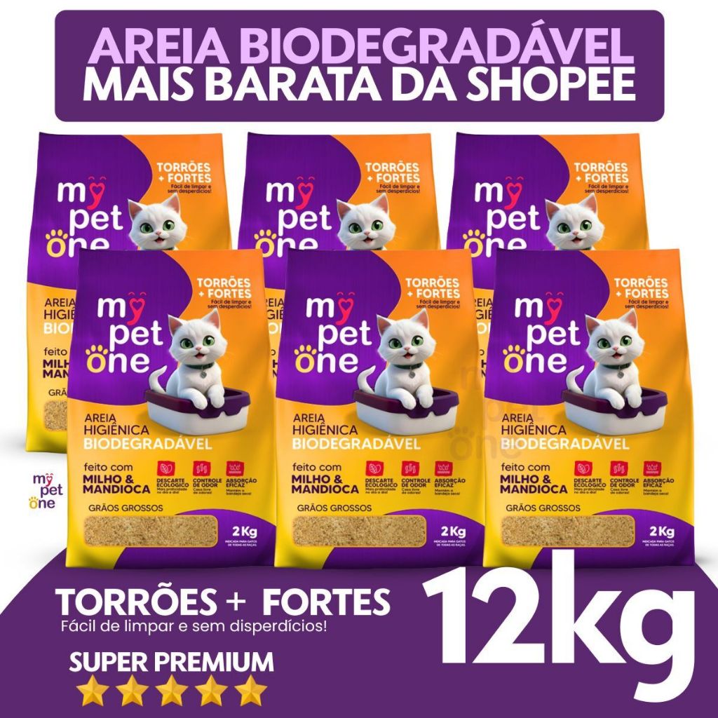 Kit 6 Areia Biodegradável Gatos Bio Gold Grossa MyPetOne 12kg em Oferta na Shopee