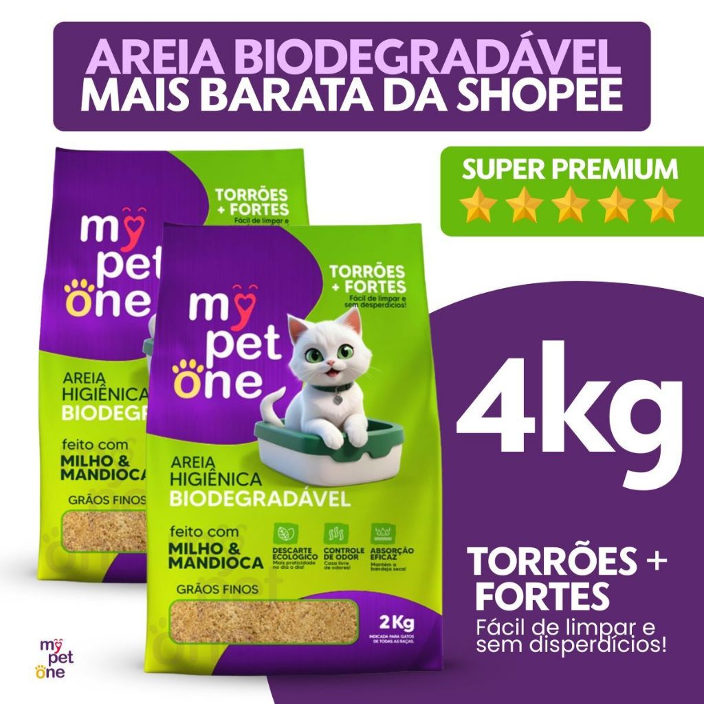 Kit 2 Areia Biodegradável Bio Gold Fina MyPetOne - 2Kg em Oferta na Shopee