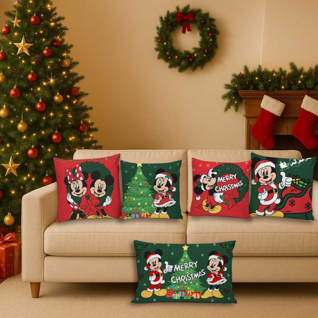 Kit 04 Capas de Almofadas Natal 45x45cm+Almofada Retangular Baguete Cheia Decoração Minnie e Mickey