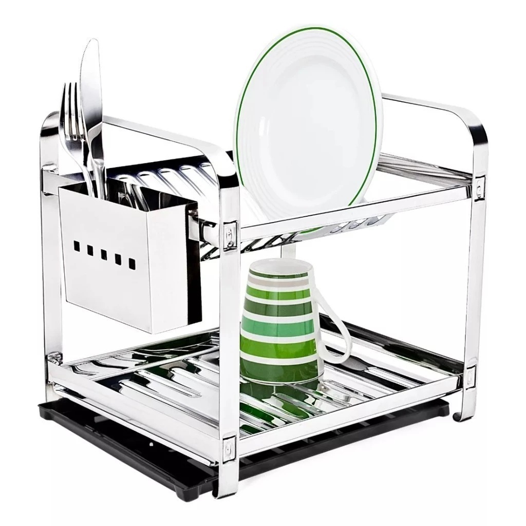 Escorredor 12 Pratos Em Aço Inox Com Porta Talheres Inox (Com Bandeja) Coletora Água Preto