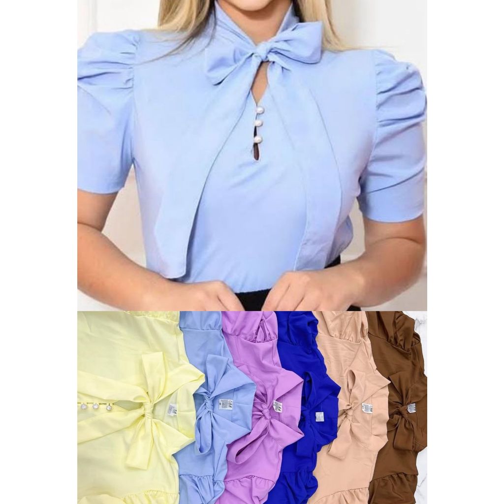 Blusa Social Manga Curta Bufante com laçinho N-8 em Oferta na Shopee