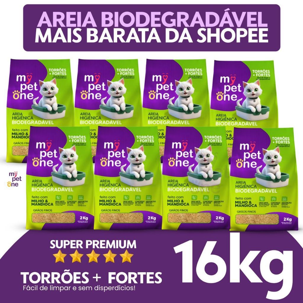 Kit 8 Areia Biodegradável Gatos Bio Gold Fina MyPetOne - 16Kg em Oferta na Shopee