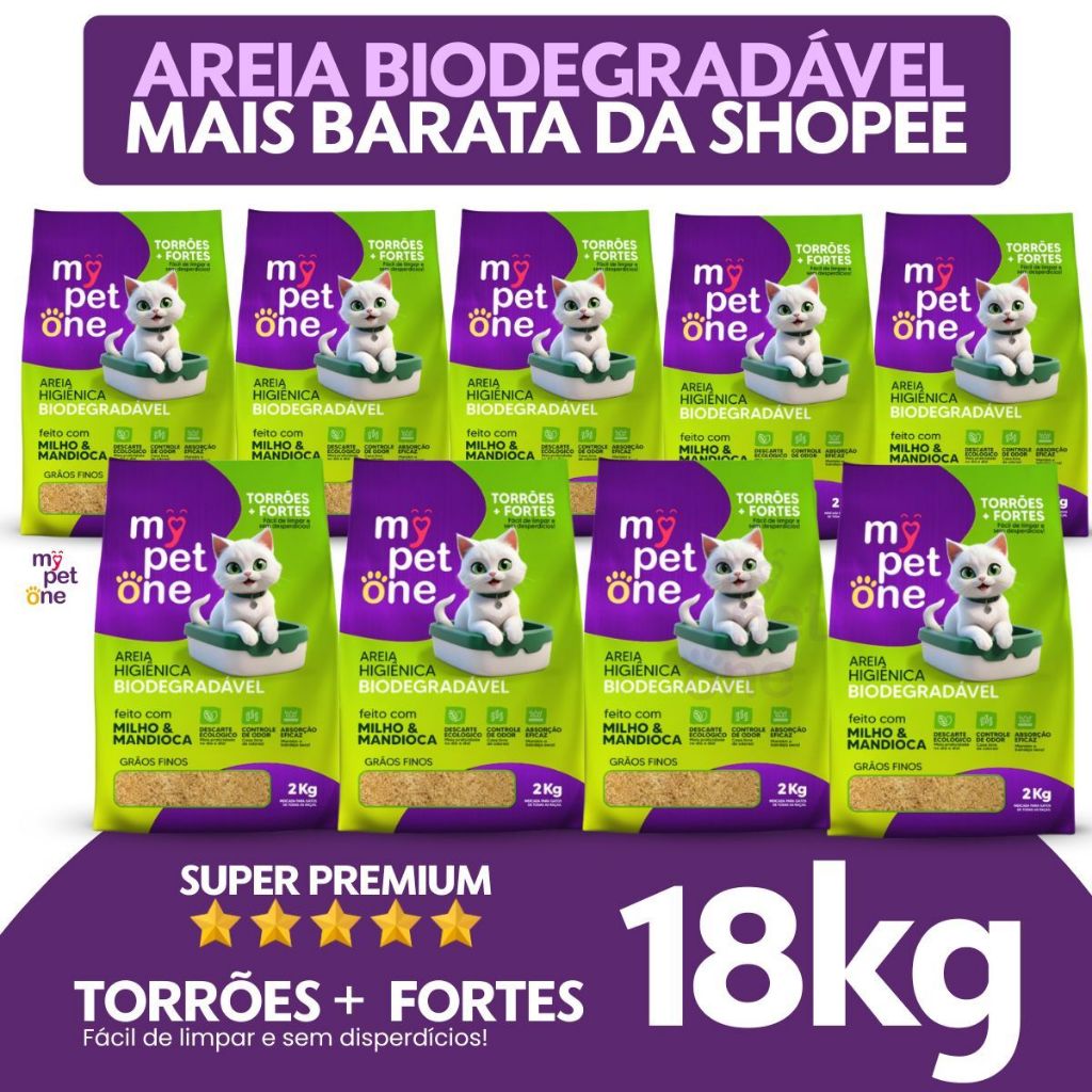 Kit 9 Areia Areia Biodegradável Gatos Bio Gold Fina MyPetOne - 18Kg em Oferta na Shopee