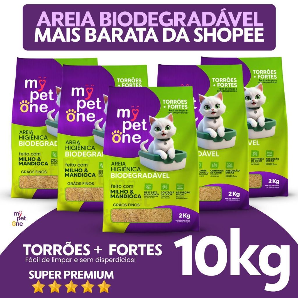 Kit 5 Areia Biodegradável Gatos Bio Gold Fina MyPetOne - 10Kg em Oferta na Shopee