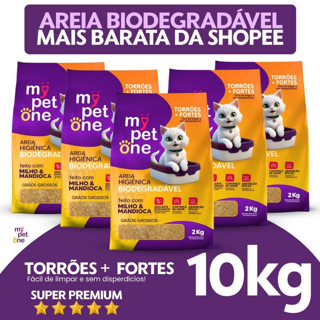 Kit 5 Areia Biodegradável Gatos Bio Gold Grossa MyPetOne 10kg em Oferta na Shopee