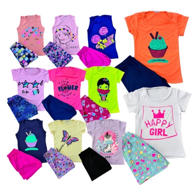 KIT 05 CONJUNTOS ( 10 PEÇAS ) OU KIT COM 04 CONJUNTOS ( 08 PECAS ) DE CAMISETAS / REGATAS E BERMUDAS VERÃO MENINAS