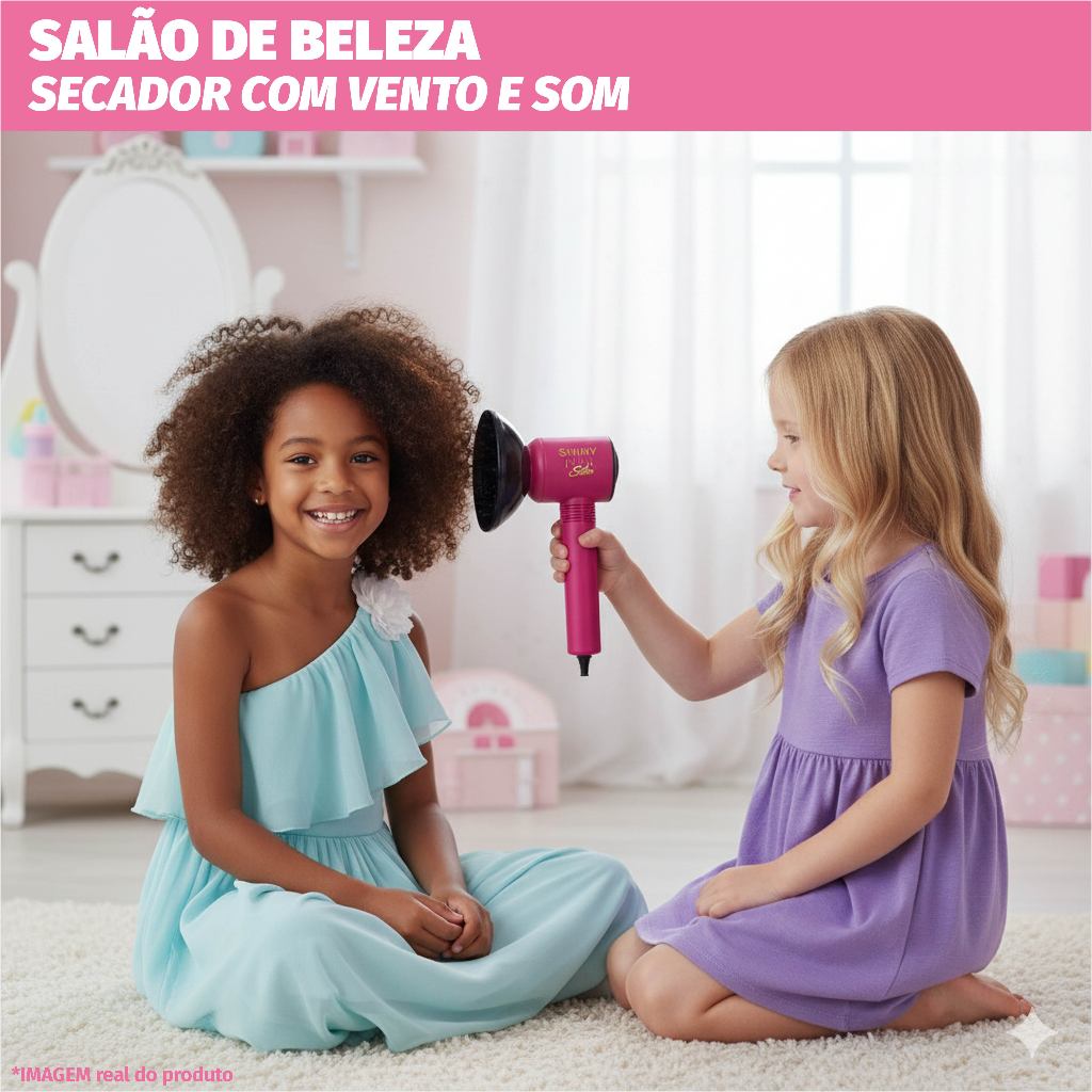 Salão Beleza Infantil Completo Secador Sai Vento Penteadeira Menina Acessórios Espelho Bobs Escova