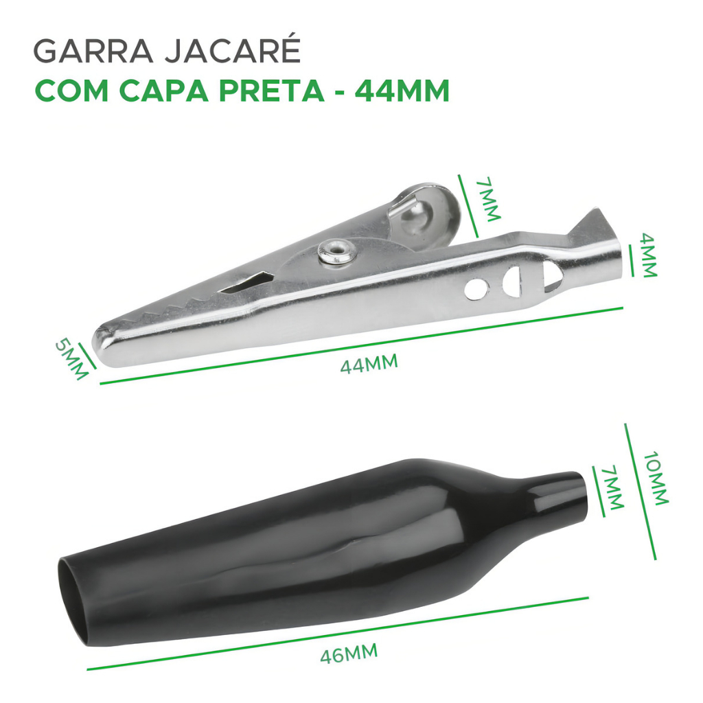 Kit 10 Unidades Garra Jacaré Médio Isolada Preta 44mm (Jacarezinho Clip Conector)