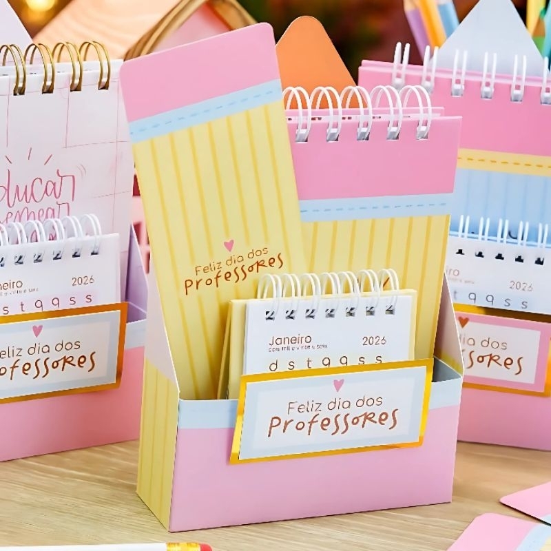 Kit Dia dos Professores Bloco A6+ mini calendário de mesa 2026