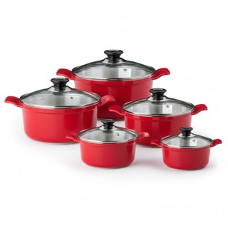 Jogo de Panelas Grossas 5 peças em alumínio batido Fundido vermelho alça inteiriça Tampas de vidro em Oferta na Shopee