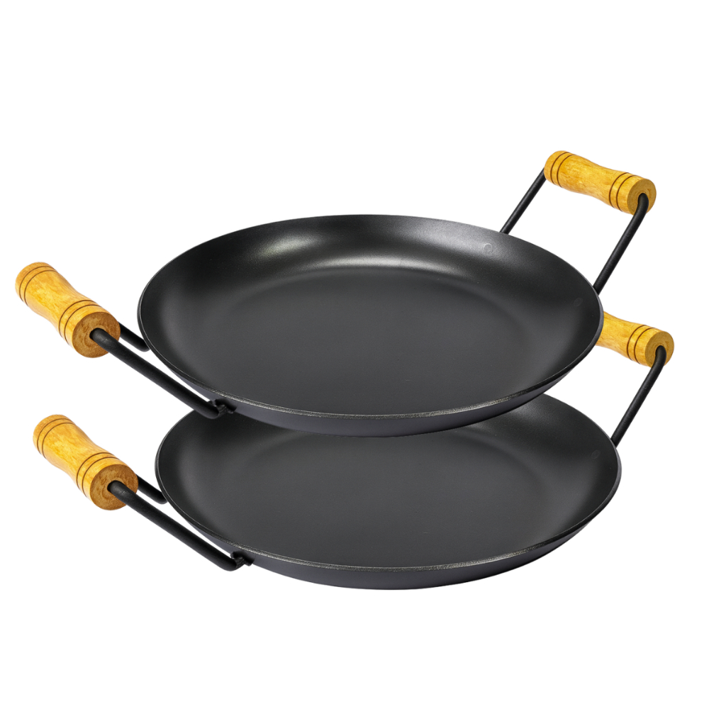 Kit 2 Disco Tacho Arado 27cm Rústico Reforçado Chapa Paellera Work Aço Carbono Com Alças Madeira