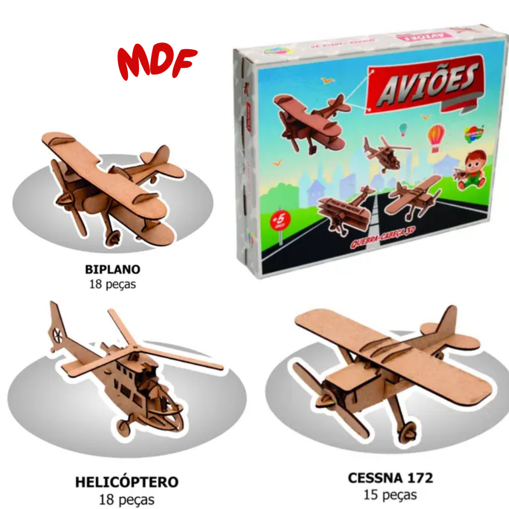 Jogo Quebra-Cabeça 3D Aviões MDF Brinqueods Aquarela Ref:121