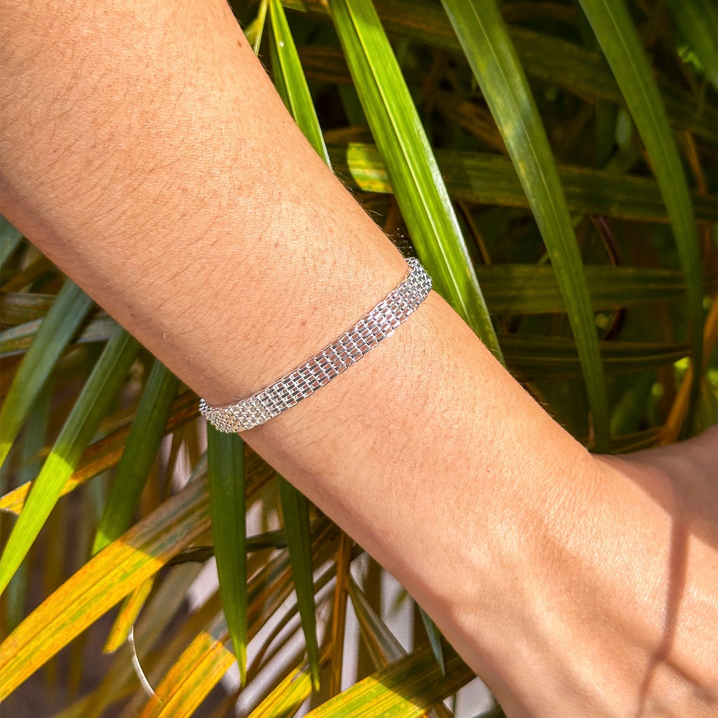 Pulseira Bracelete Esteira Malha Folheada Prata 925