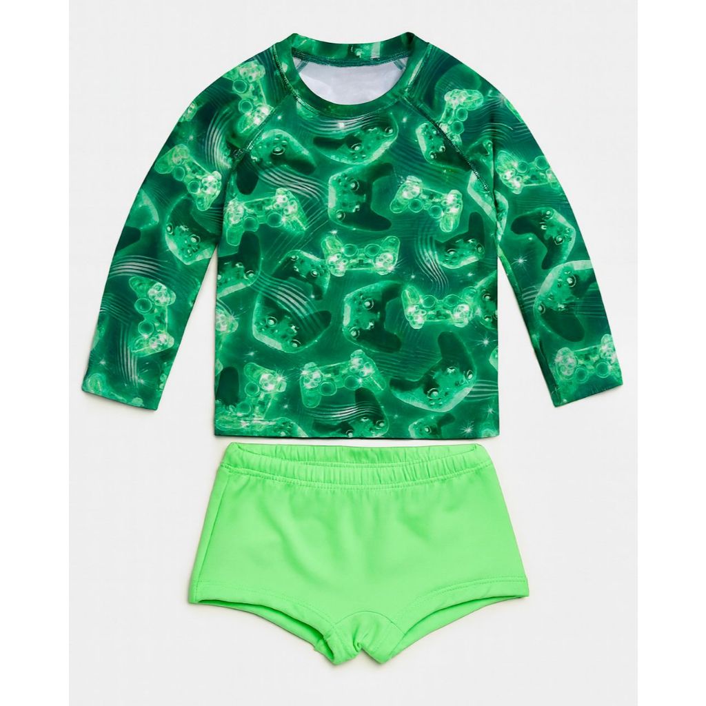 Moda Praia Infantil Menino Blusa+Sunga com Proteção Solar UV 50+ controle