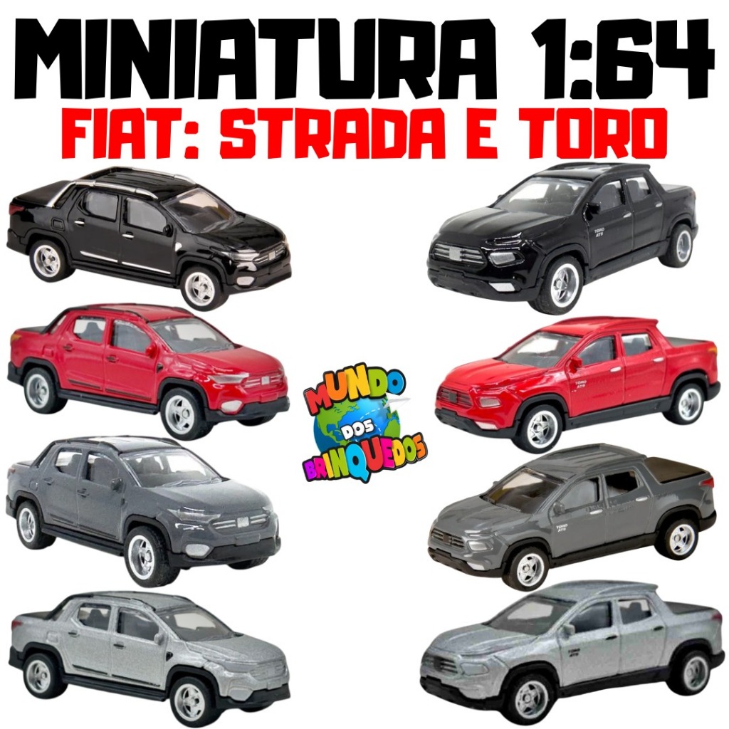 Miniatura 1:64 Fiat Toro e Fiat Strada Várias Cores Vermelha Cinza Prata Preta Pick-up Colecionável Metal Die-Cast