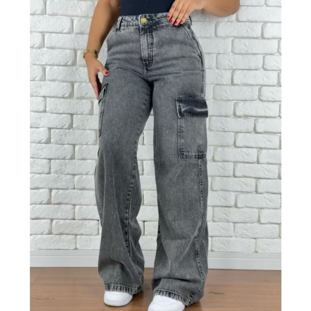 calça jeans feminina cargo cintura alta larga premium tendencia grafit levanta bumbum
