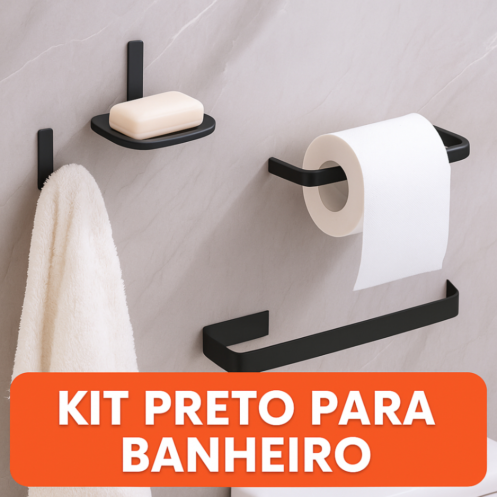 Kit Acessórios para Banheiro Quadrado Preto Fosco 5 Peças - Inox e Alumínio metal