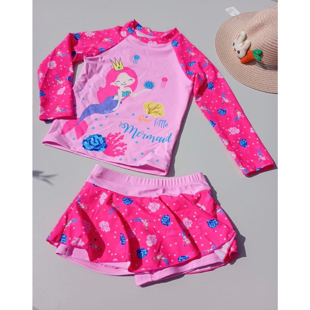 Conjunto Infantil Praia Piscina Sereia Proteção UV FPS50+ Blusa Manga Longa e Short Saia