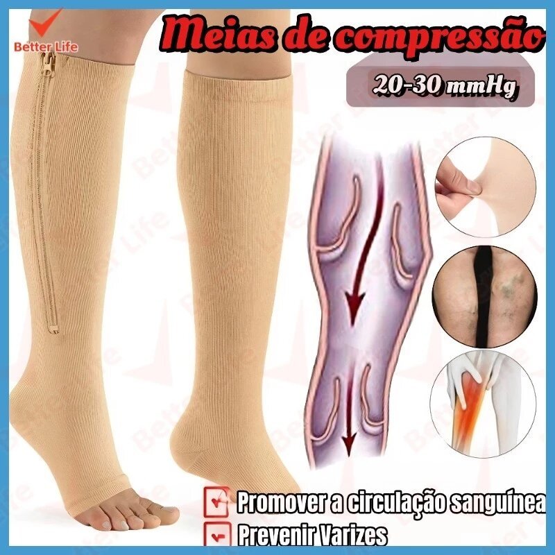 Par De Meias Compressão Varizes Pernas Cansadas Inchaço Dores 3/4 Zíper 20-30 Mmhg Compressão Unissex-BT