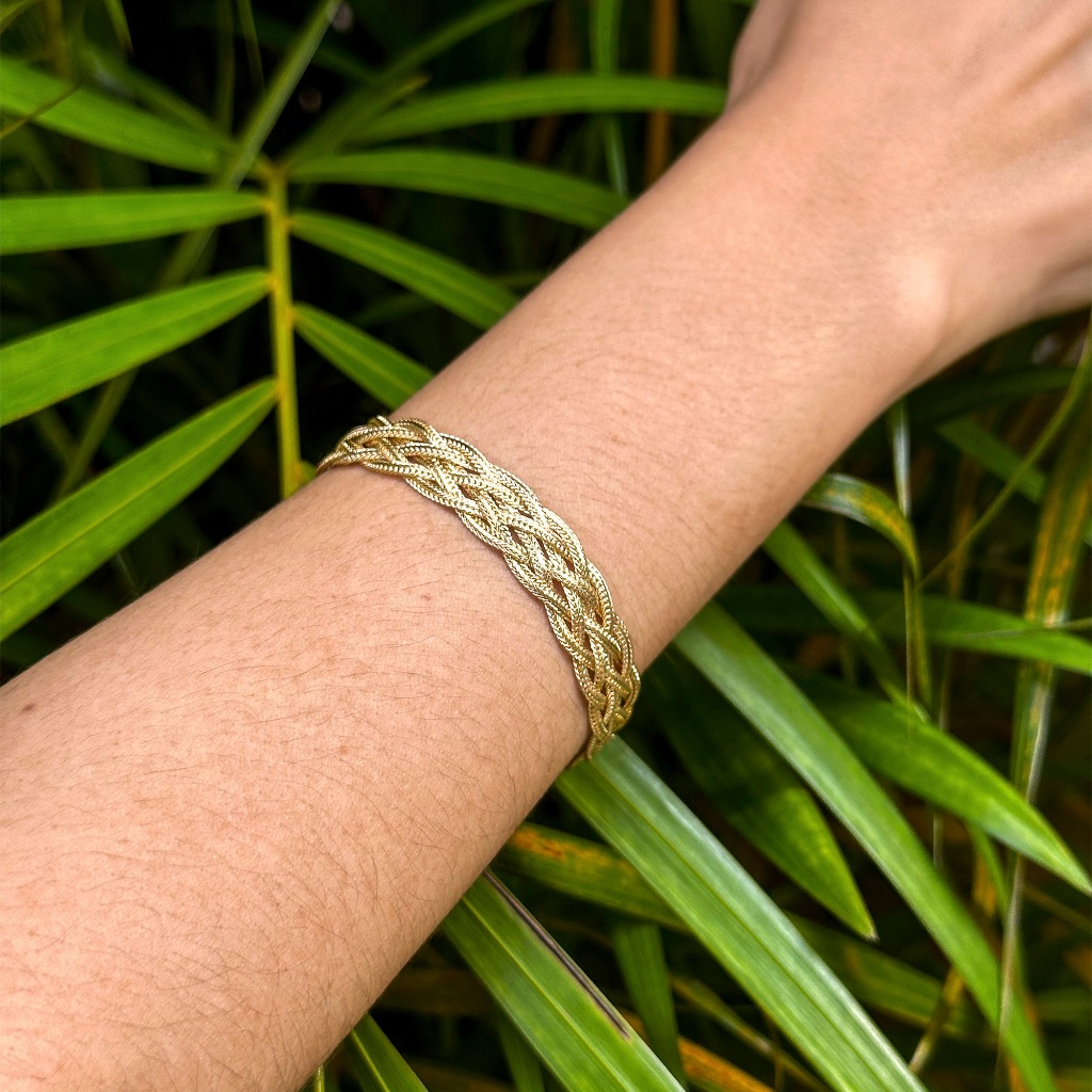 Pulseira Bracelete 6 Fios Trançada Folheada Ouro 18k