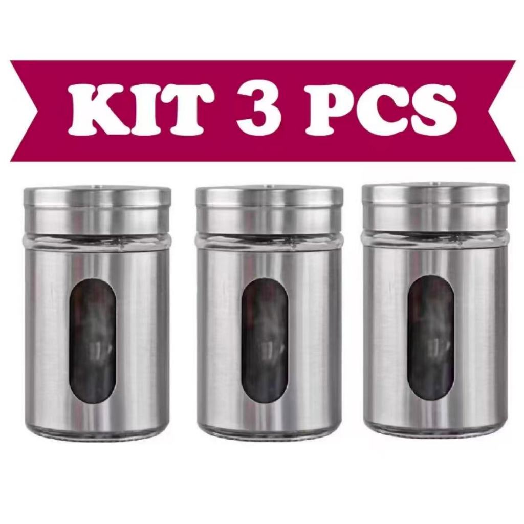 Kit 3 Saleiro Pimenteiro Porta Condimentos Vidro Aço Inox em Oferta na Shopee