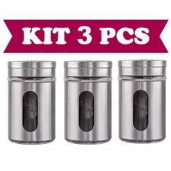 Kit 3 Saleiro Pimenteiro Porta Condimentos Vidro Aço Inox