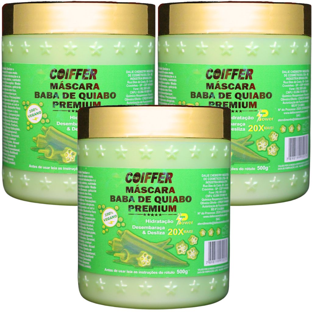 Kit 3x Máscara de Hidratação Baba de Quiabo Premium Coiffer 500g Desembaraça e Hidrata 20x Mais