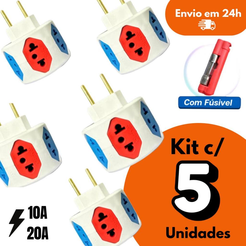 Adaptador de Tomada 6 Entradas 10A/20A Pino Maciço Resistente Com Fusível Tomadas Coloridas  Esfera