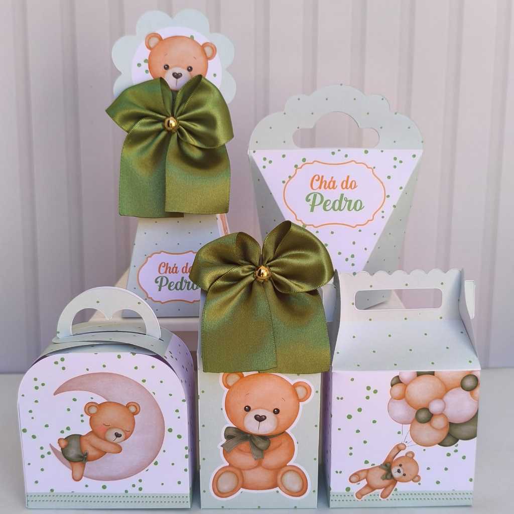 Kit Festa Personalizado Tema Chá de Bebê Ursinho Caixinhas Personalizadas para Aniversário