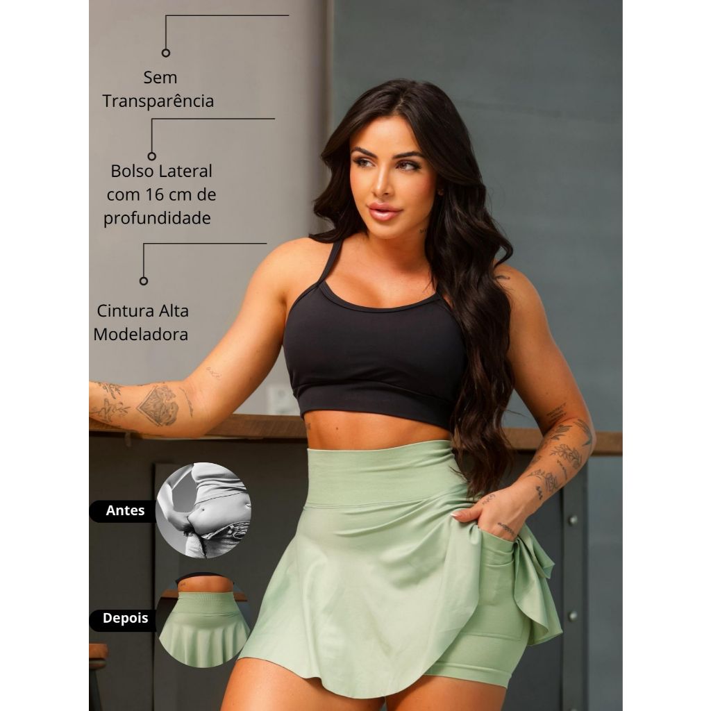 Short Saia Com Bolso Interno Tecido Poliamida Premium Sem Transparência Confortável Corrida Yoga Academia Fitness