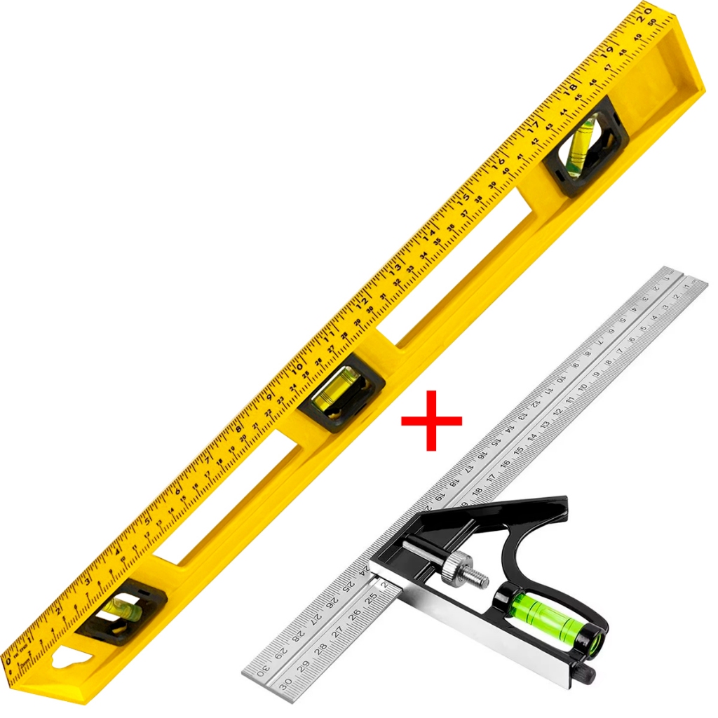 Kit Esquadro 30cm Combinado Régua e Nível 50cm Polímetro Pedreiro Carpinteiro Pedreiro