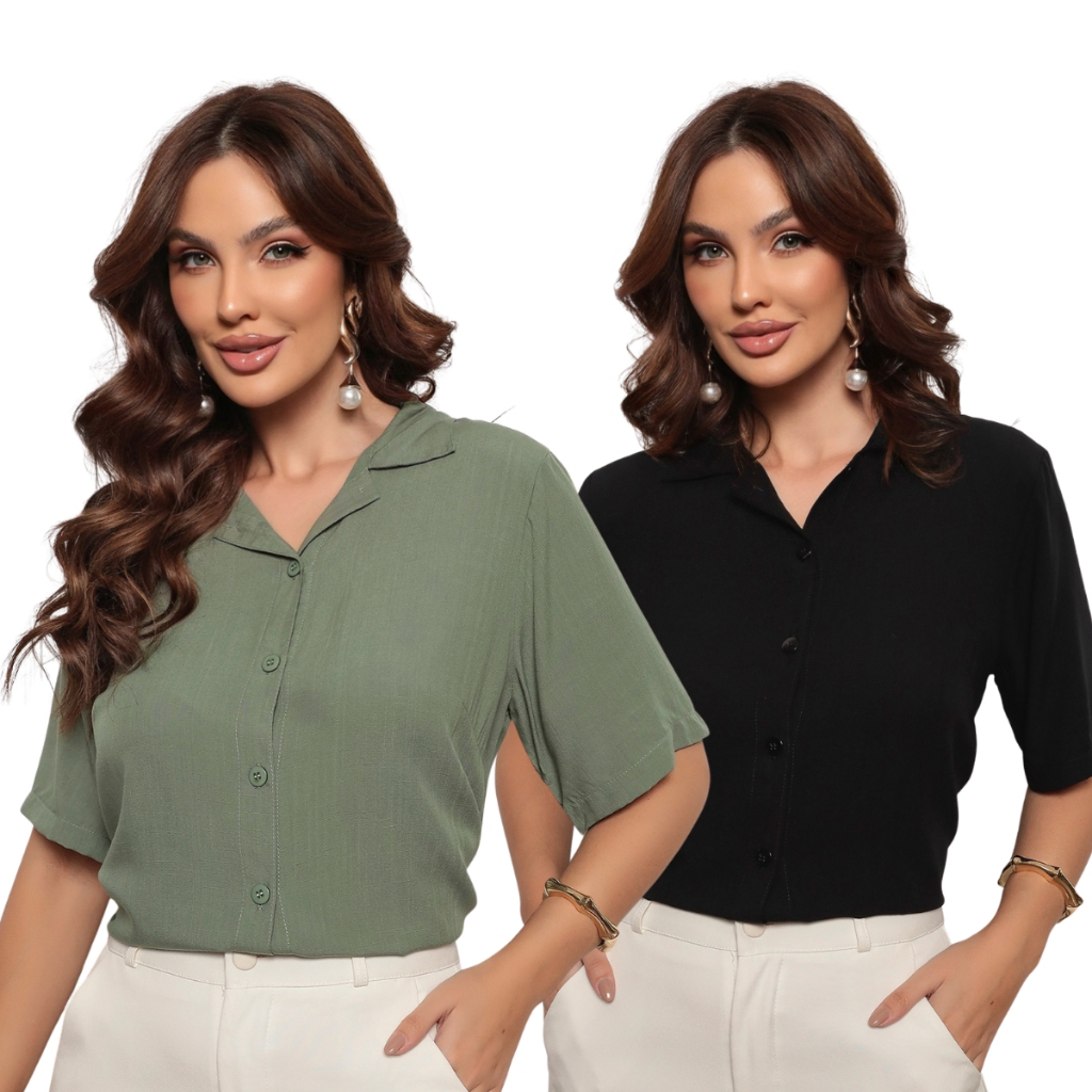 KIT 2 Camisa Feminina Viscolinho Manga Curta Elegante Tecido Fresco e Leve em Oferta na Shopee